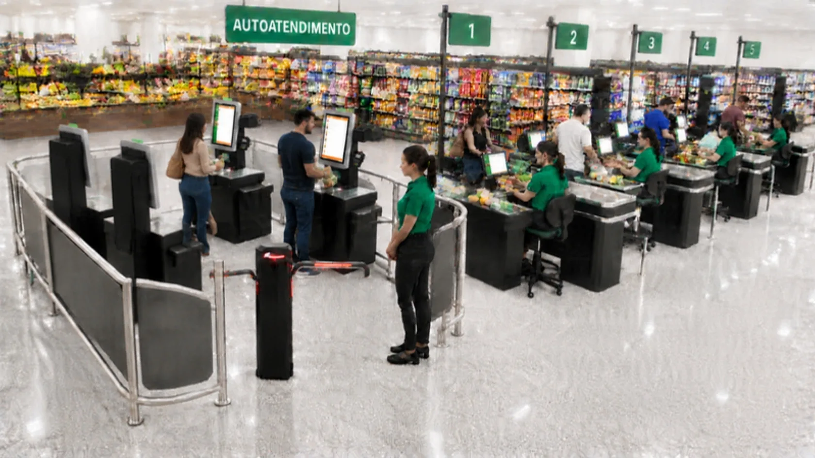 Frente de caixa de supermercado com PDVs numerados e ilha de autoatendimento com 4 terminais de self checkout